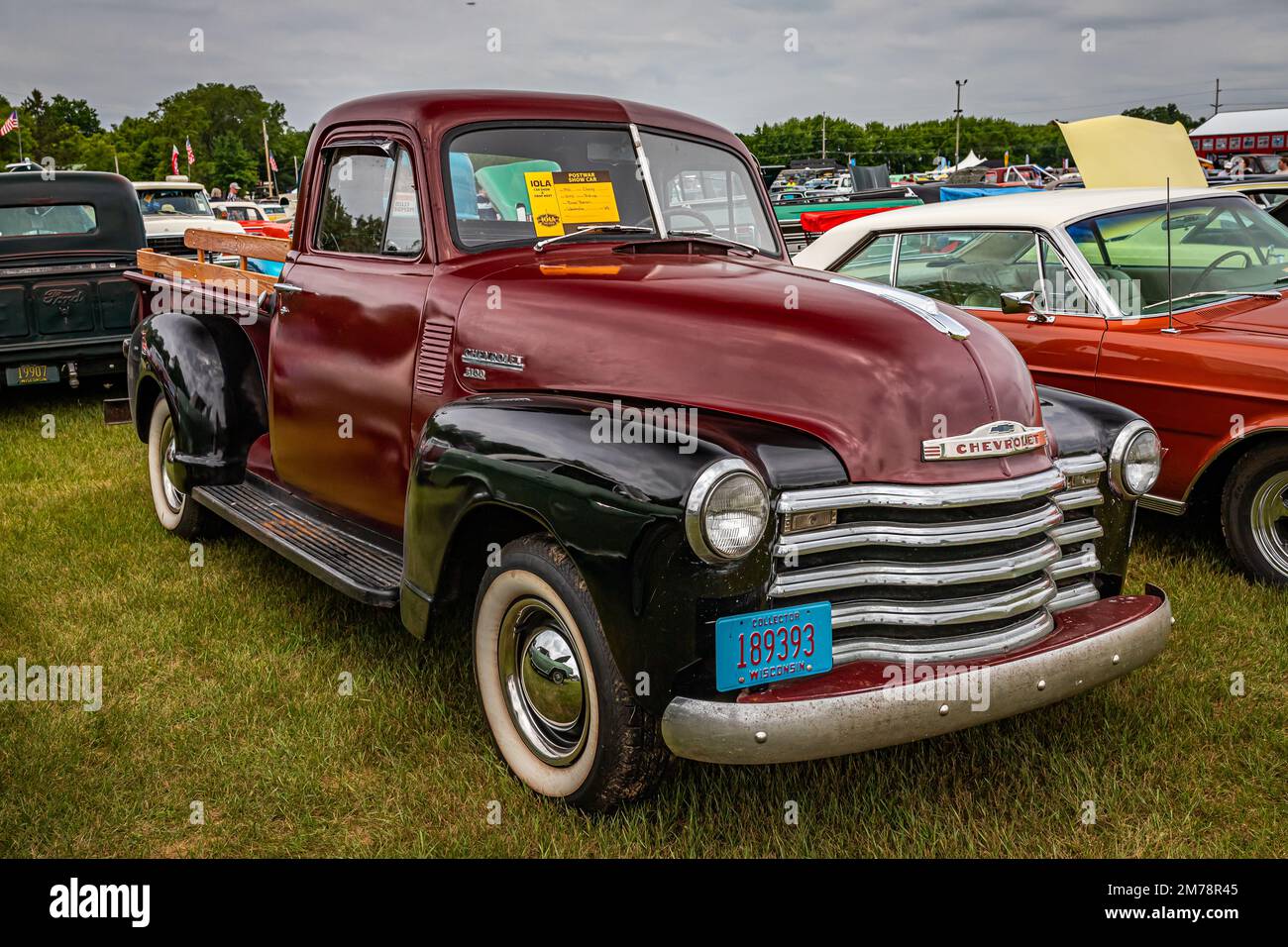 Iola, WI - July 07, 2022: High perspective front corner view of a 1951 Chevrolet 3100 Pickup Truck at a local car show. Stock Photo