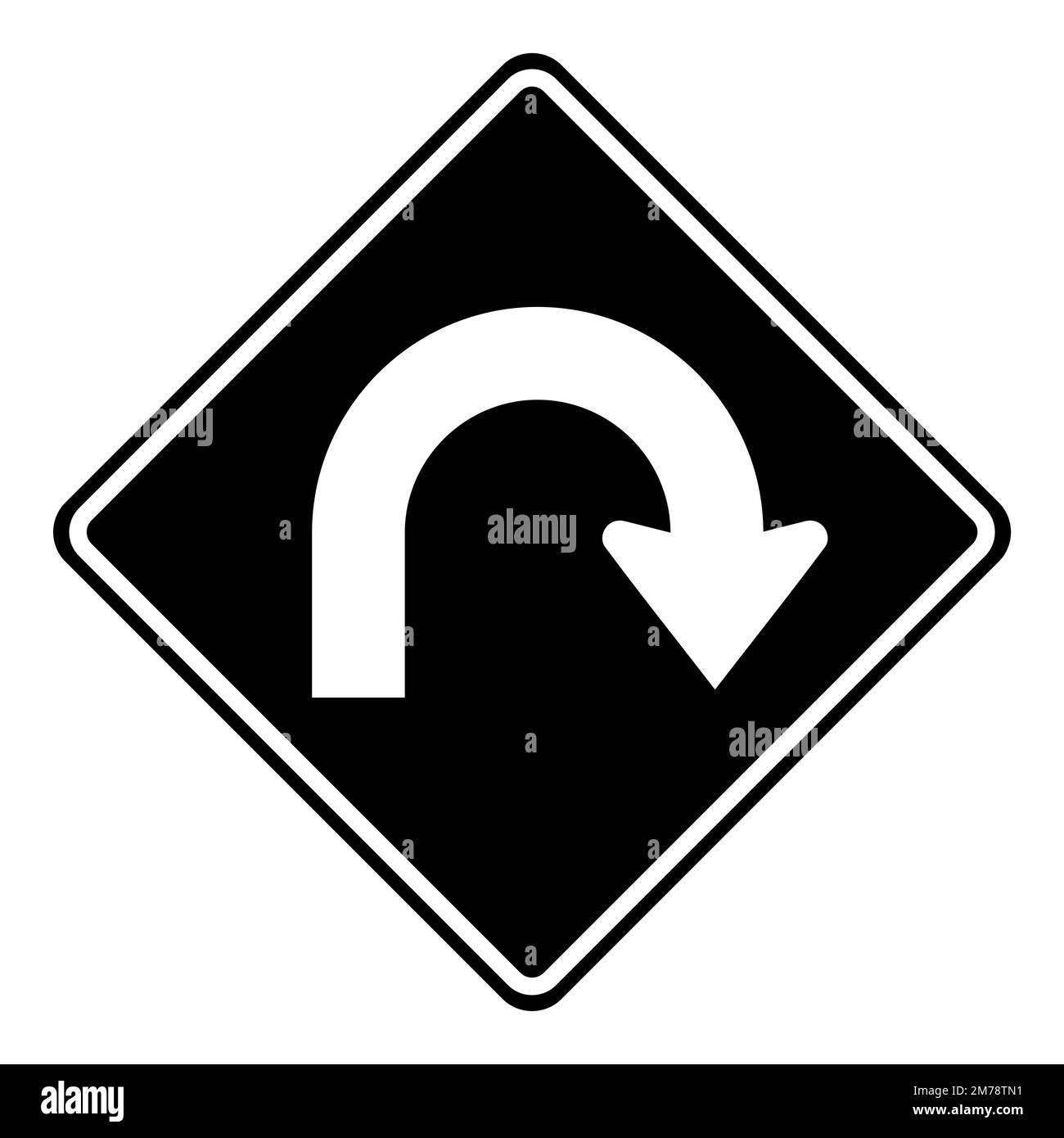 Black and white hairpin curve sign isolated on white background Stock