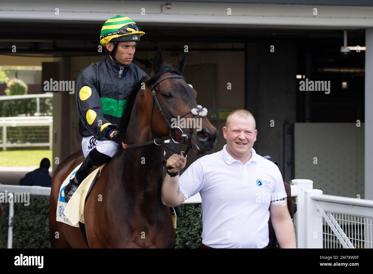 Ascot, Berkshire, UK. 7th May, 2022. Horse Mandoob ridden by jockey Sean Levey head out onto the racetrack for the Carey Group Buckhounds Stakes at Ascot Racecourse. Credit: Maureen McLean/Alamy Stock Photo