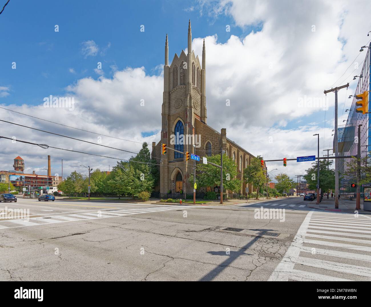 St. Peter Catholic Church, Cleveland’s first German congregation, was formed in 1853. The present church was built in 1859. Stock Photo