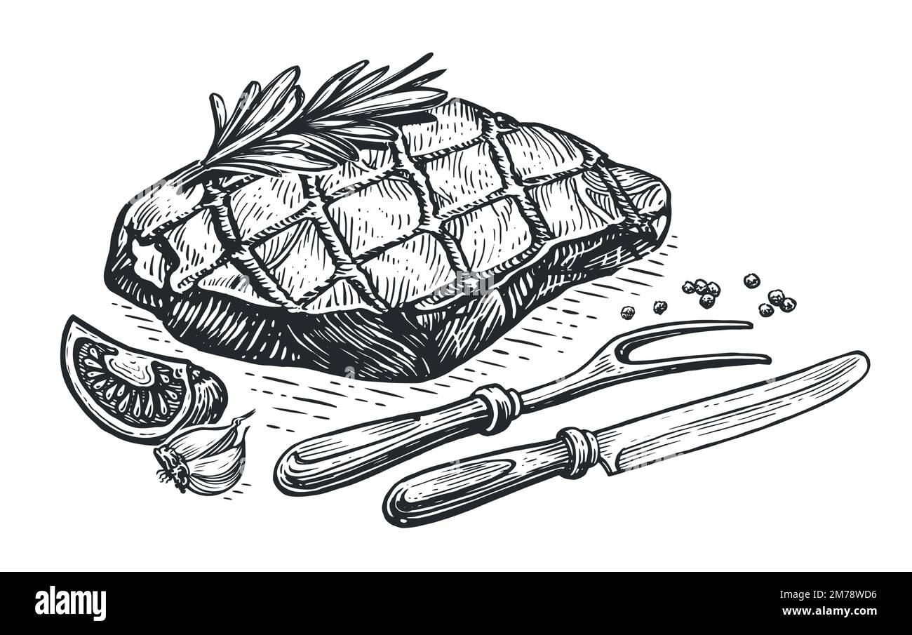 Hand drawn meat steak grilled in vintage engraving style. Roast beef