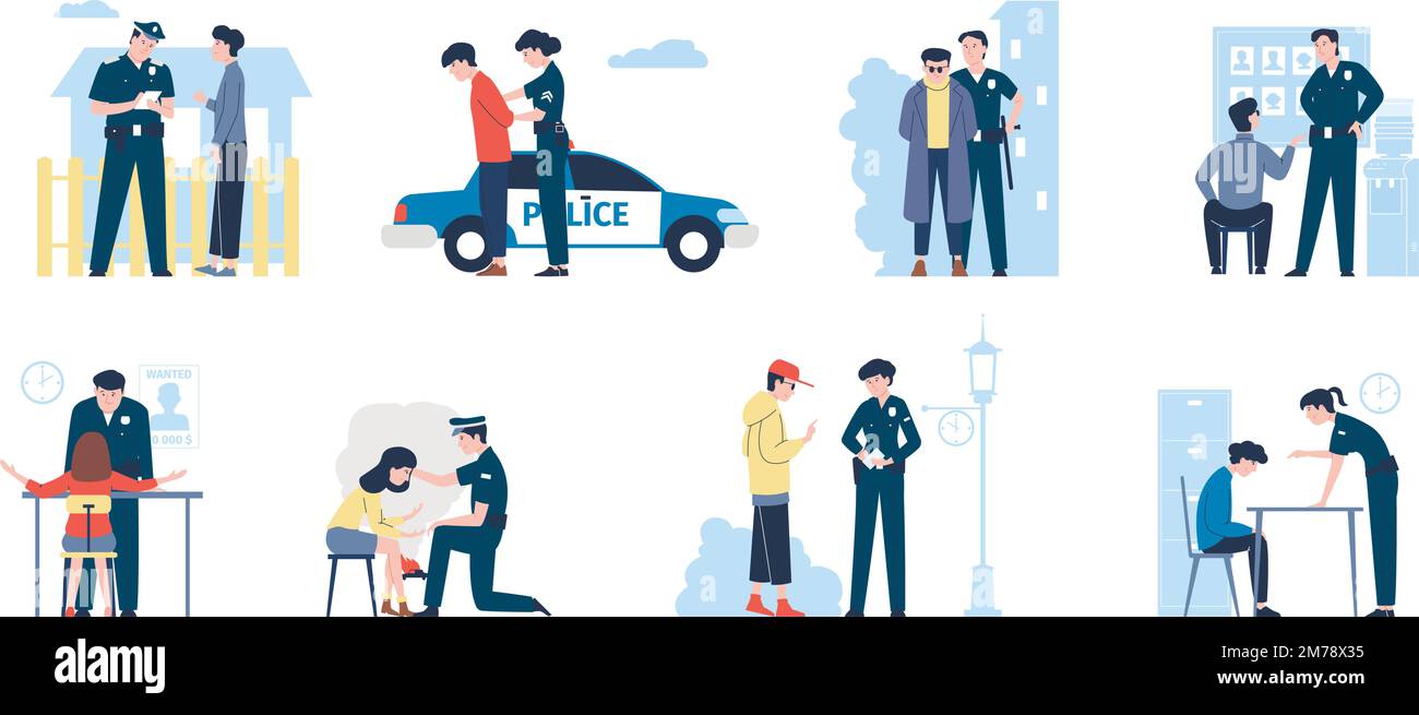 Police officers at work. Policeman and prisoner, officer listen victim or witness in office. Guarding and traffic cop, prison security detention Stock Vector