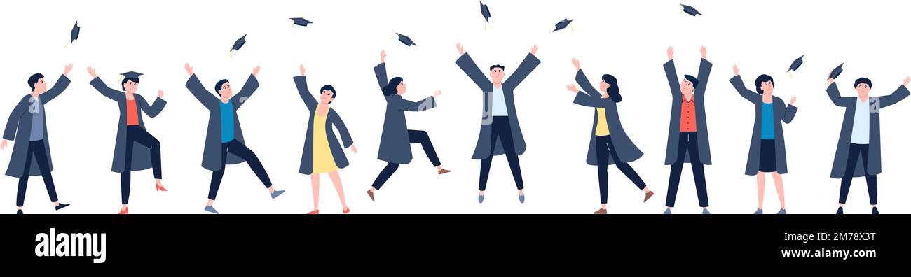 Happy academy graduate students. Laughing young university characters, future professionals graduation. Congratulations ceremony vector recent scene Stock Vector