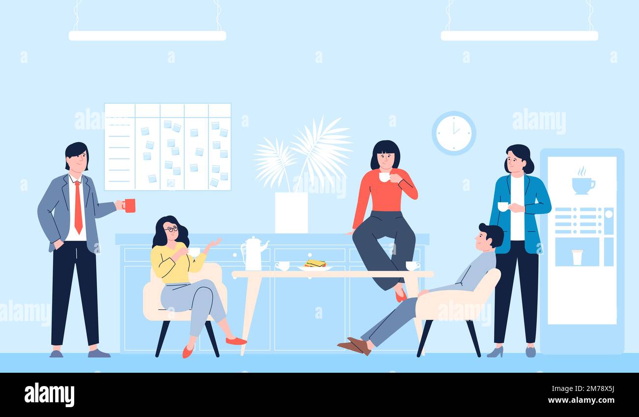 Office coffee break, corporate lunch time on workplace. Drink with colleagues, resting and