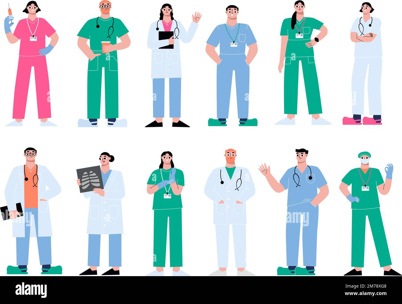 Flat cartoon different medical characters, therapist, surgeon and nurses. Hospital operating team, surgeon and first aid. Sapid clinic vector Stock Vector