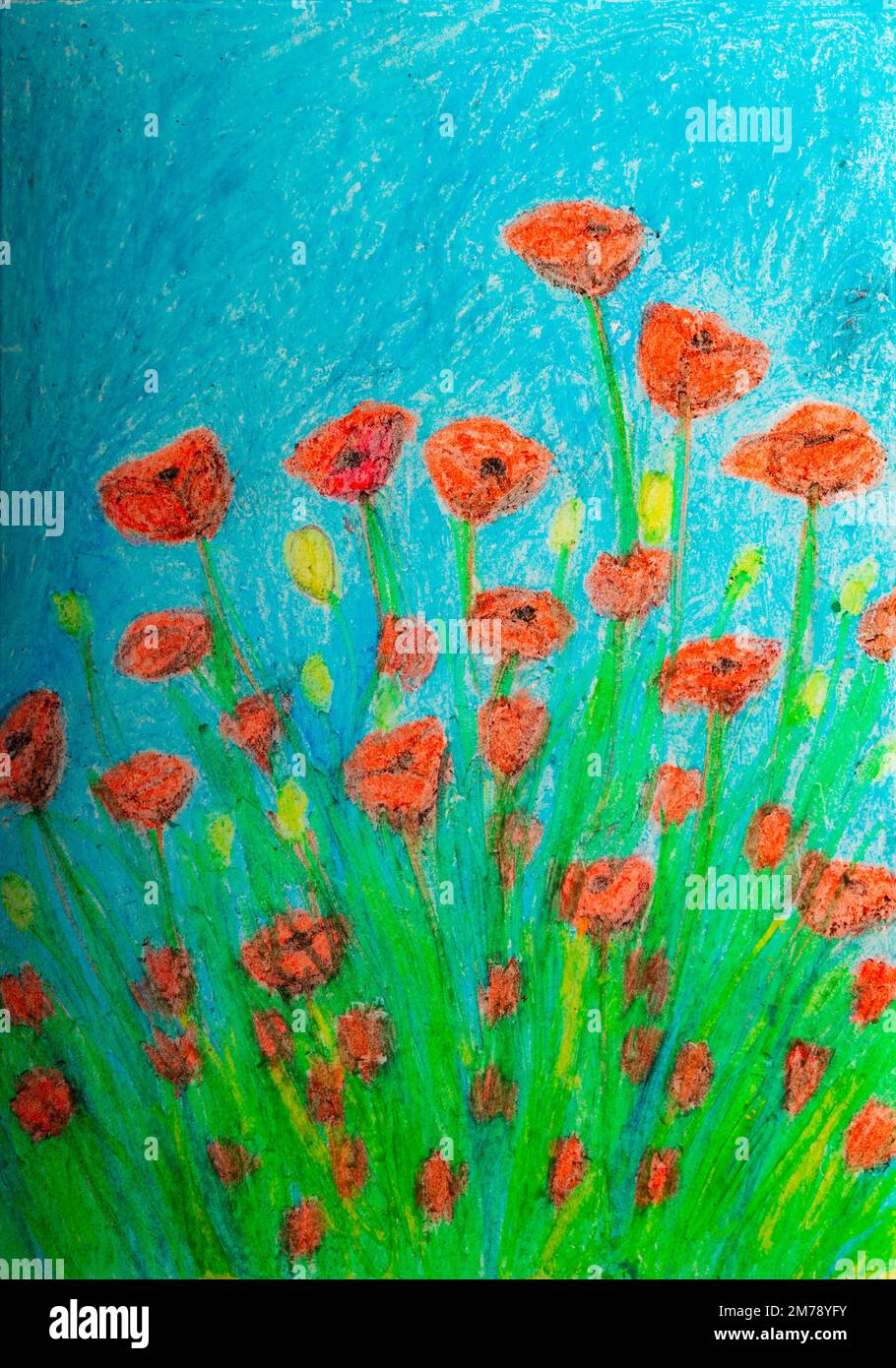 California Red Poppy Flowers, oil pastel painting Stock Photo - Alamy