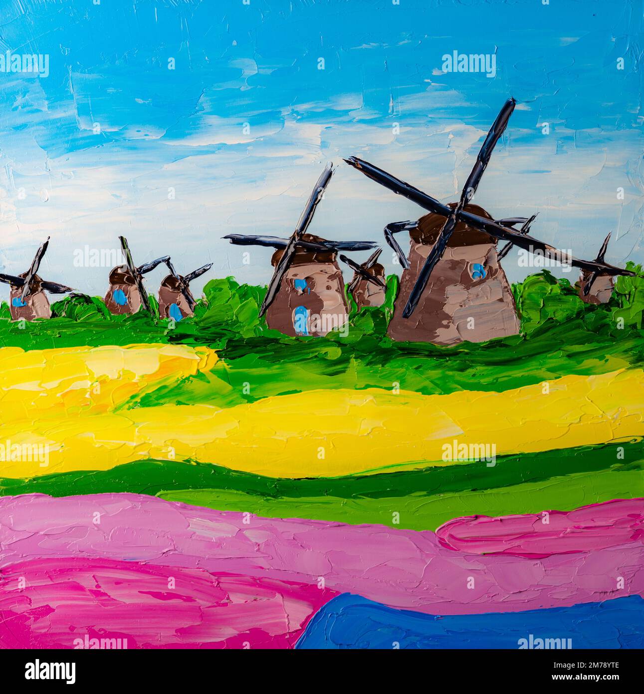 Tulip Fields in Netherlands, oil painting. High quality illustration