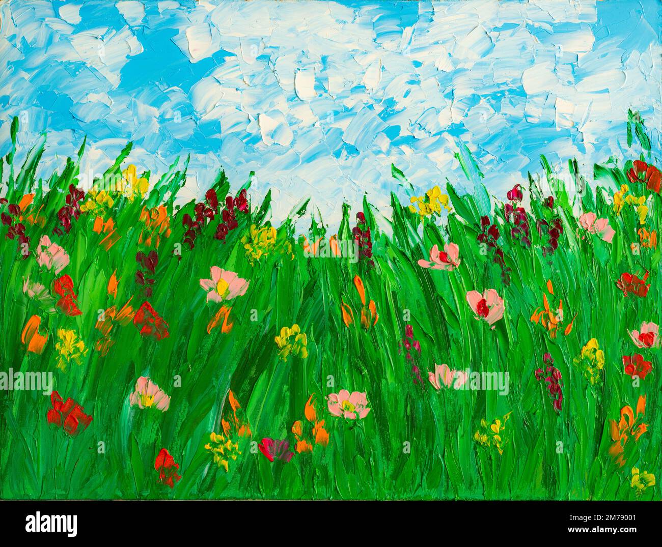 Blooming wildflowers meadow, oil painting. Stock Photo