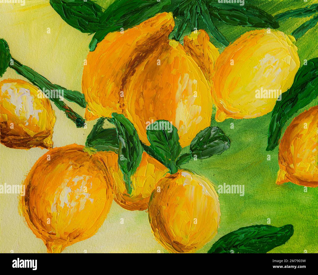 Ripe lemons on a branch oil painting Stock Photo