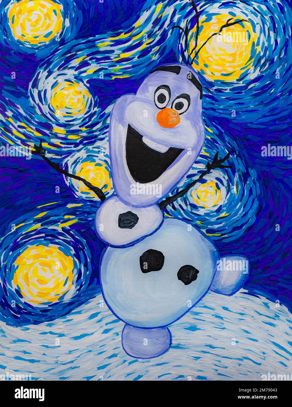 Funny snowman and starry sky, gouache painting Stock Photo - Alamy