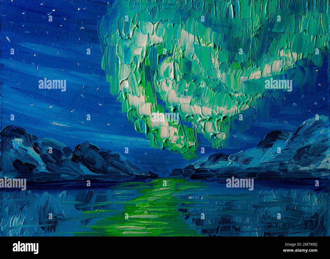 Beautiful Northern Lights, oil painting. Stock Photo