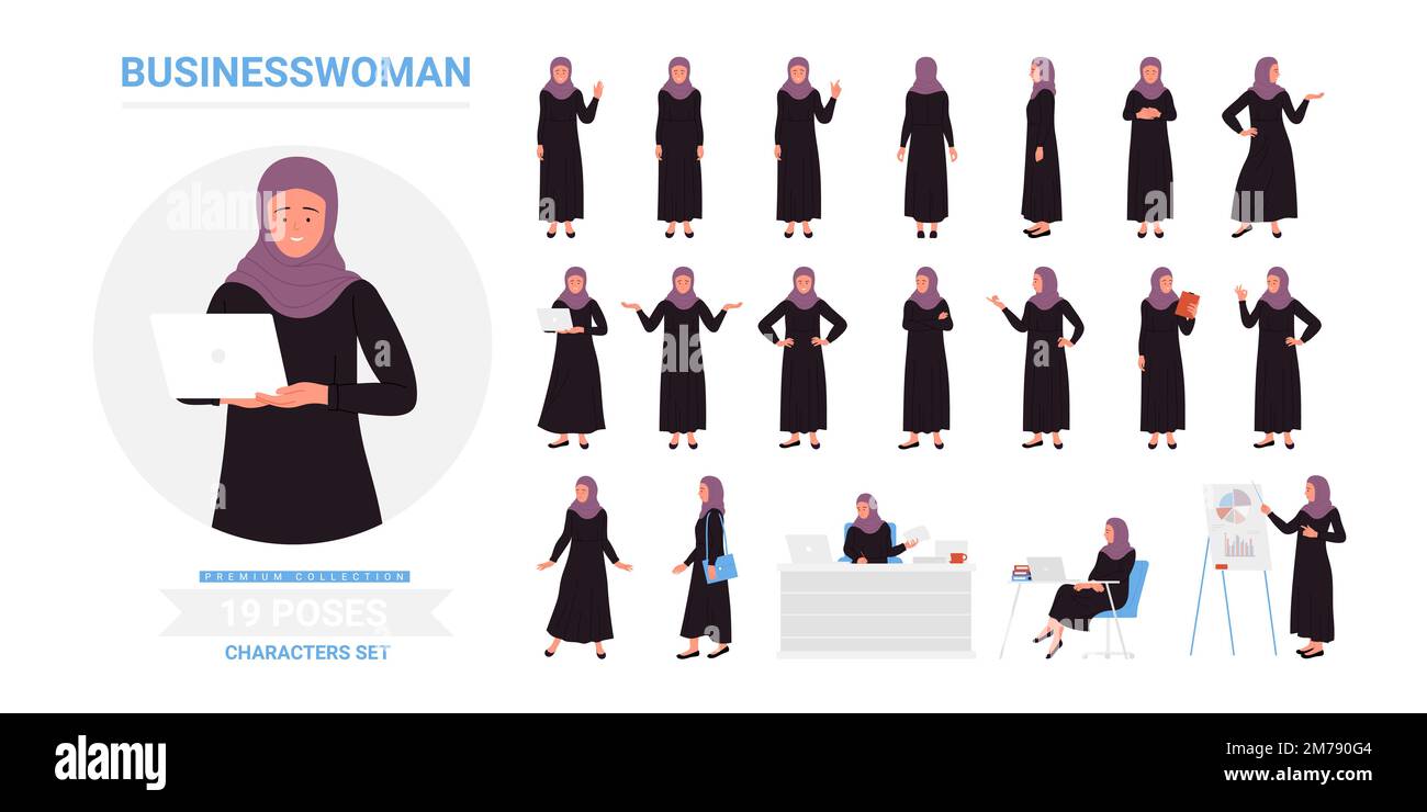 Muslim businesswoman poses set vector illustration. Cartoon Arab young ...