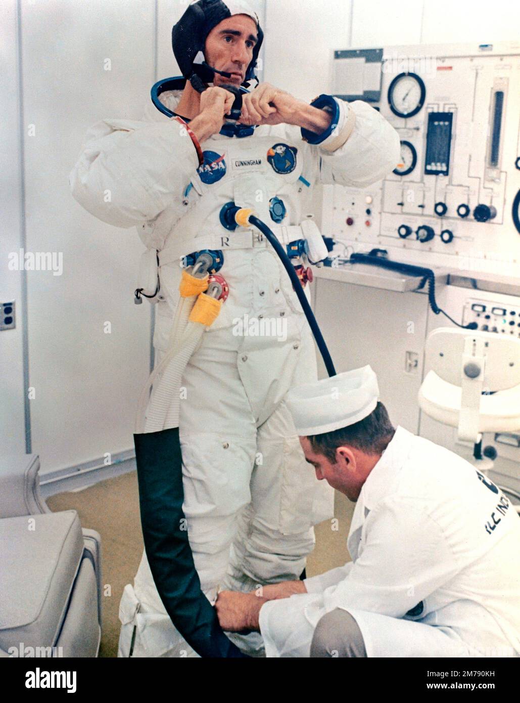 Cape Canaveral, United States. 11 October, 1968. NASA Apollo VII prime crew astronaut Walter Cunningham, suits up as he prepares for launch day at the Kennedy Space Center, October 11, 1968 in Cape Canaveral, Florida. Cunningham died January 4, 2023 at 90-years-old, the last surviving member of the NASA Apollo 7 mission. Stock Photo