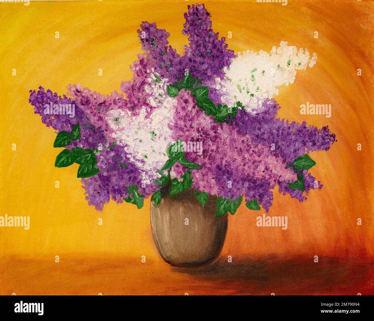 Bouquet of lilac in a brown vase, oil painting on canvas. Stock Photo