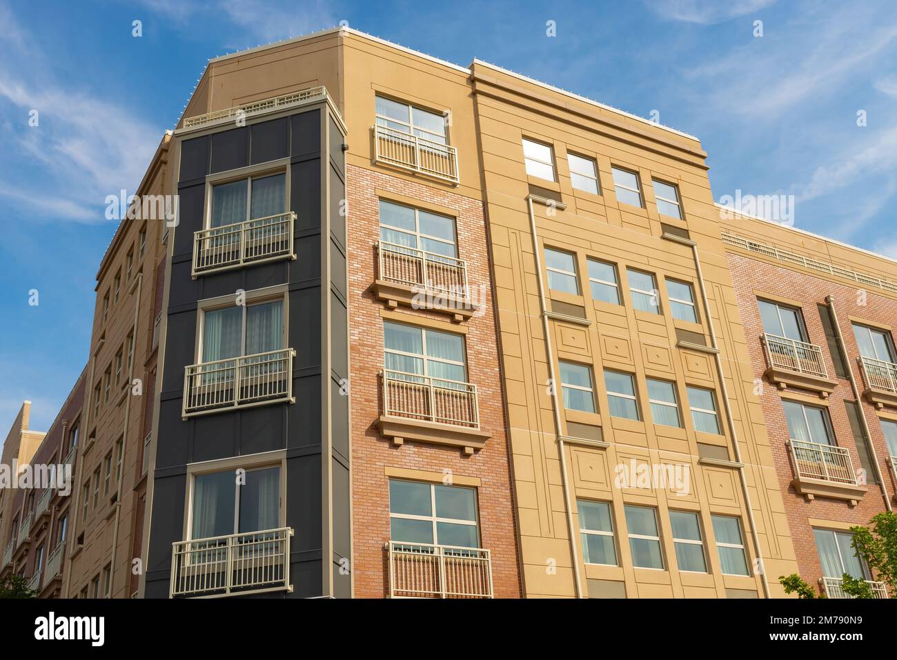 Naperville, Illinois- United States- September 15th, 2022: Exterior of downtown hotel and storefronts in Naperville, Illinois, USA. Stock Photo