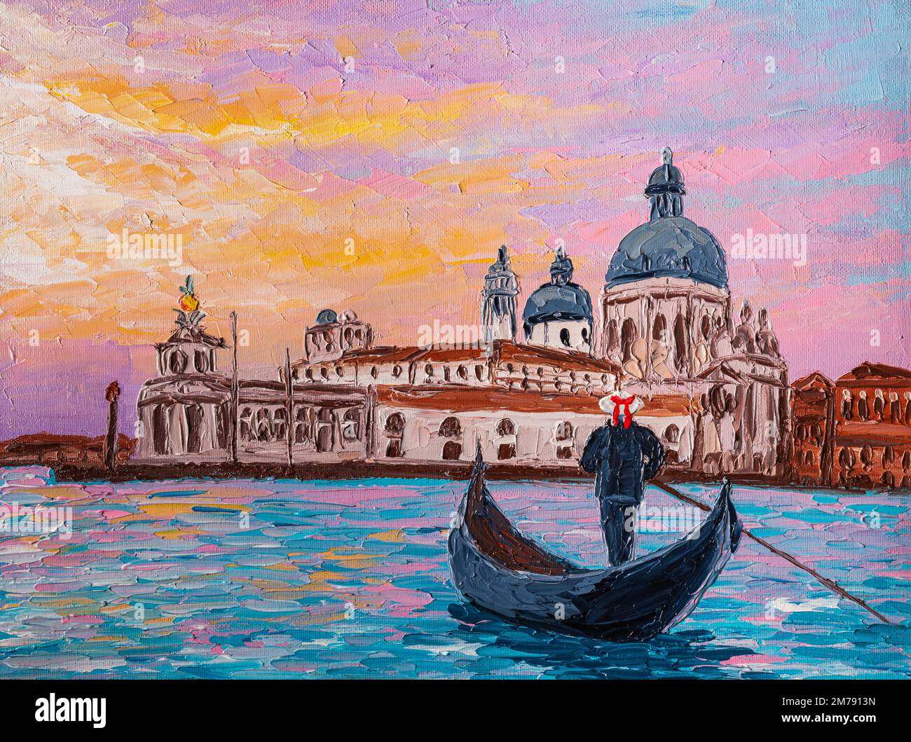 Venice cityscape at sunset, Italy. Impasto oil painting Stock
