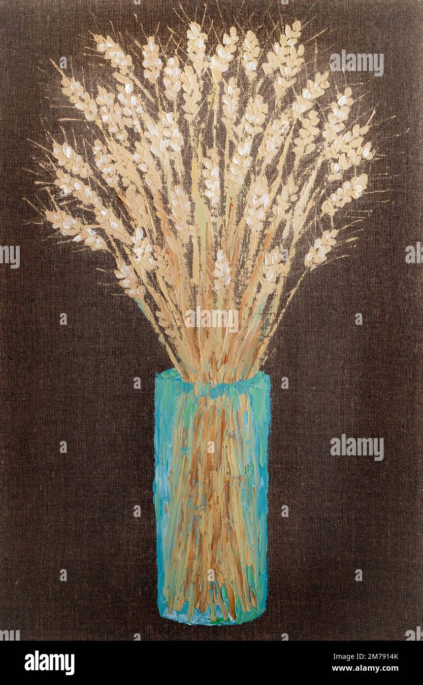 Bouquet of wheat ears. Oil painting on linen canvas. Stock Photo