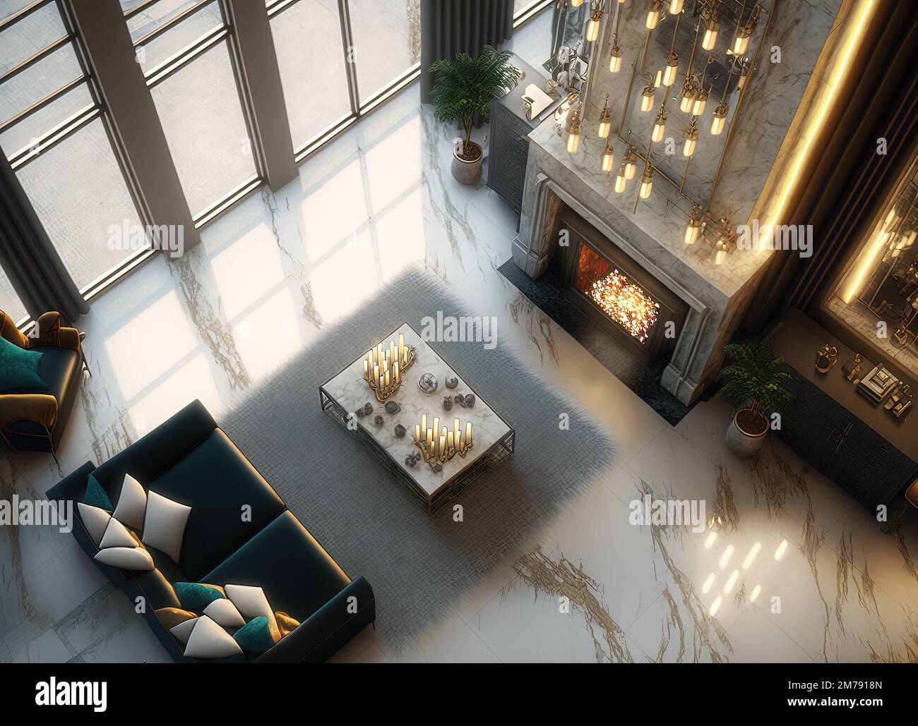 Top view interior design of luxury Lavish apartment with marble floor, high ceilings and high glass windows. Art deco concept. Stock Photo