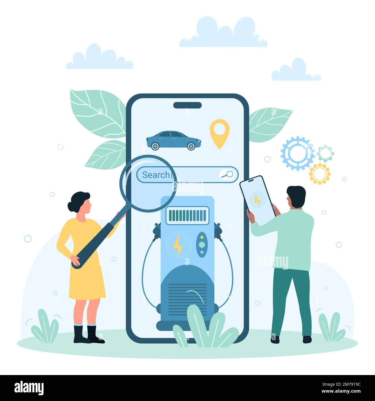 Electric car charger station vector illustration. Cartoon tiny people with magnifying glass using search service on screen of mobile phone to find charging point to charge battery of electro vehicle Stock Vector