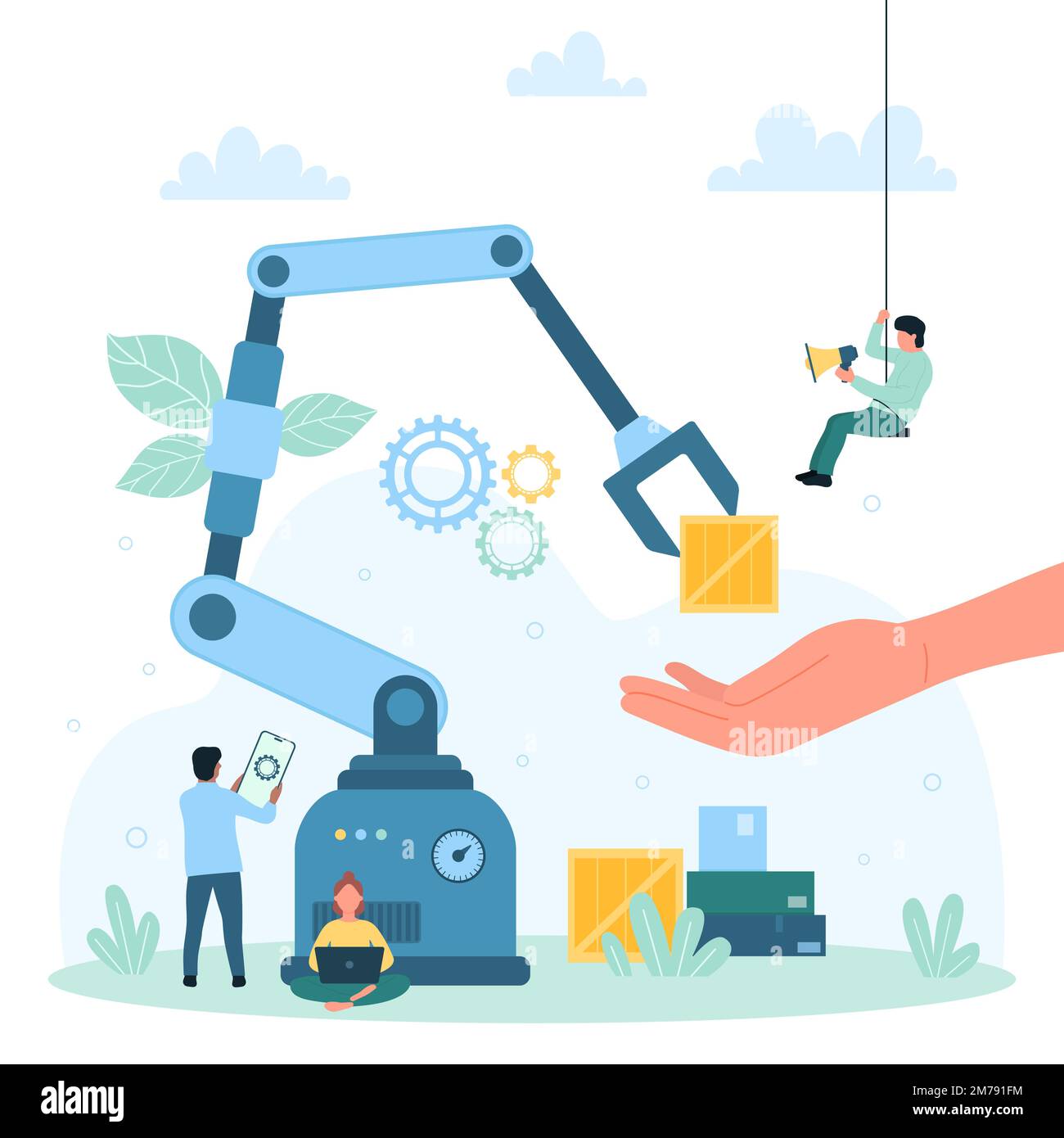 Warehouse automation process vector illustration. Cartoon tiny people work with robots for distribution, logistics and inventory of goods and packages, automated arms carry box to hand of supervisor Stock Vector