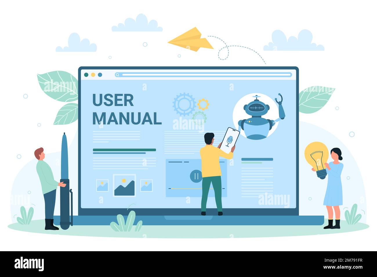 User manual online vector illustration. Cartoon tiny people study guide article on laptop screen, customers read instruction, use guidebook and support of voice assistant on mobile phone screen Stock Vector