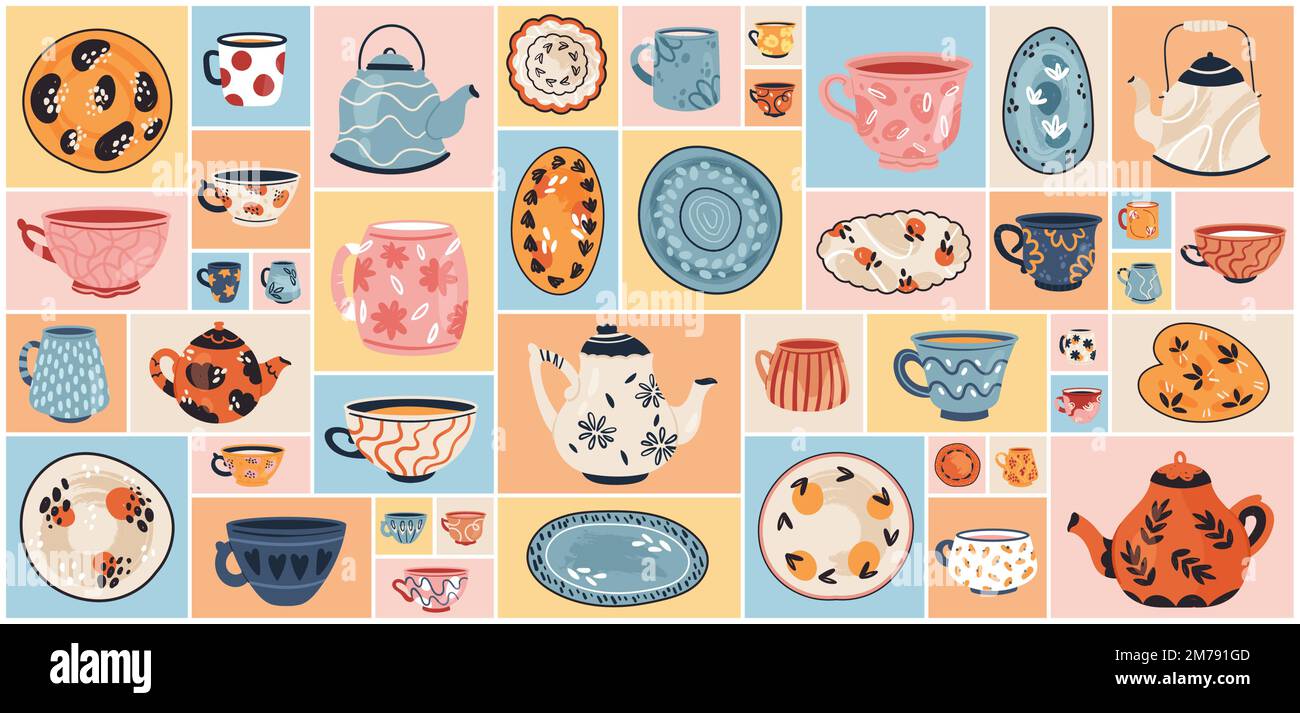 https://c8.alamy.com/comp/2M791GD/cartoon-retro-kitchen-collection-with-ceramic-and-porcelain-teapot-and-mug-for-afternoon-tea-kettle-and-coffee-pot-in-geometric-collage-background-cute-vintage-tableware-set-vector-illustration-2M791GD.jpg