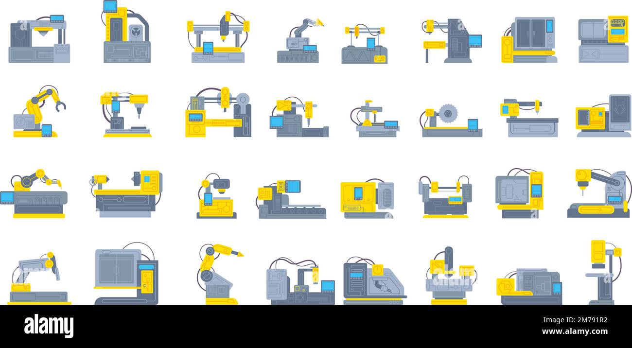 Cnc machines. Factory industrial machine metalworking, lathe cutter milling tool grinder hydraulic press manufacture router programming cad controller, splendid vector illustration Stock Vector