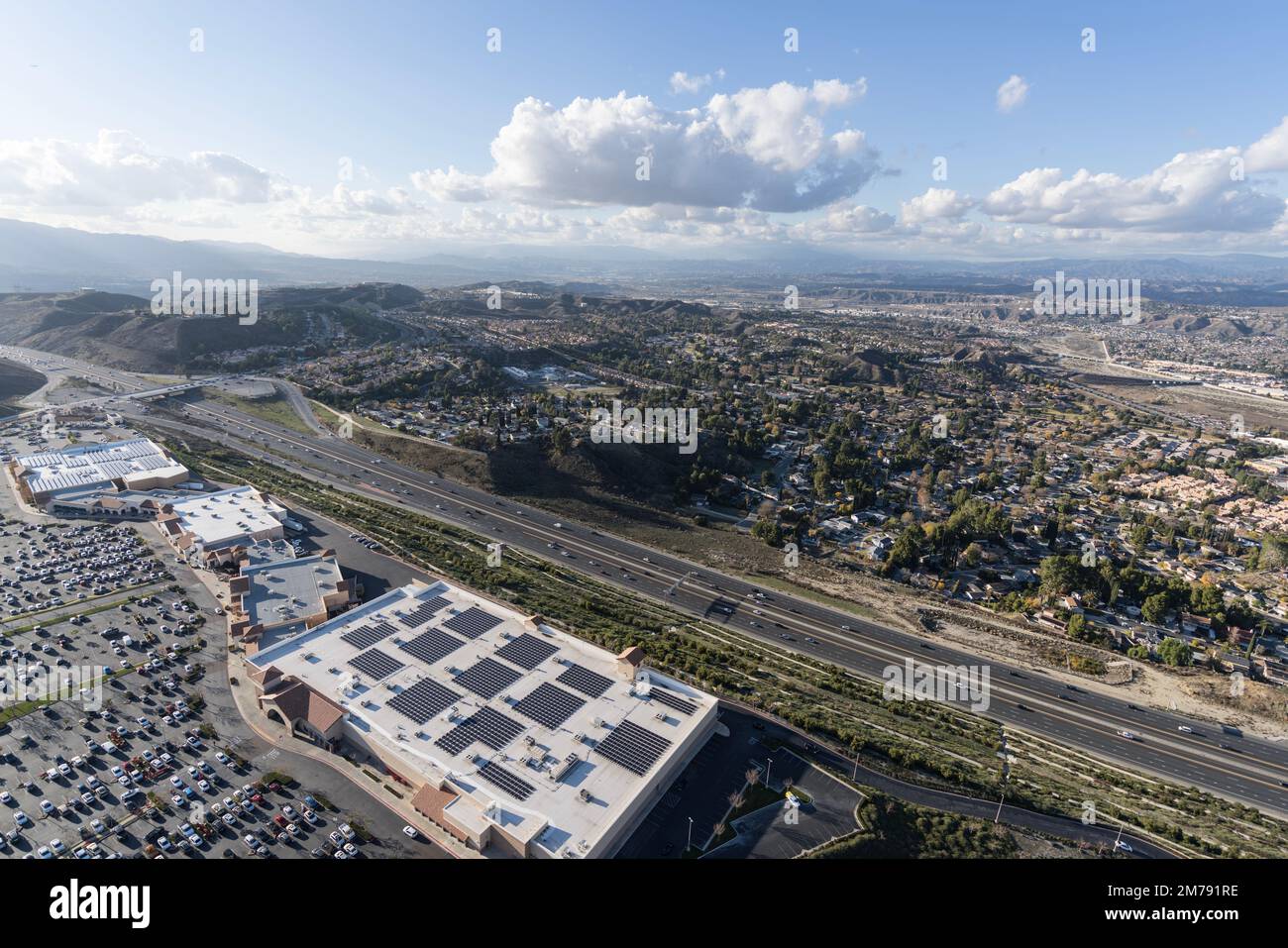 Aerial view of bog box stores and the 14 freeway in the Santa Clarita