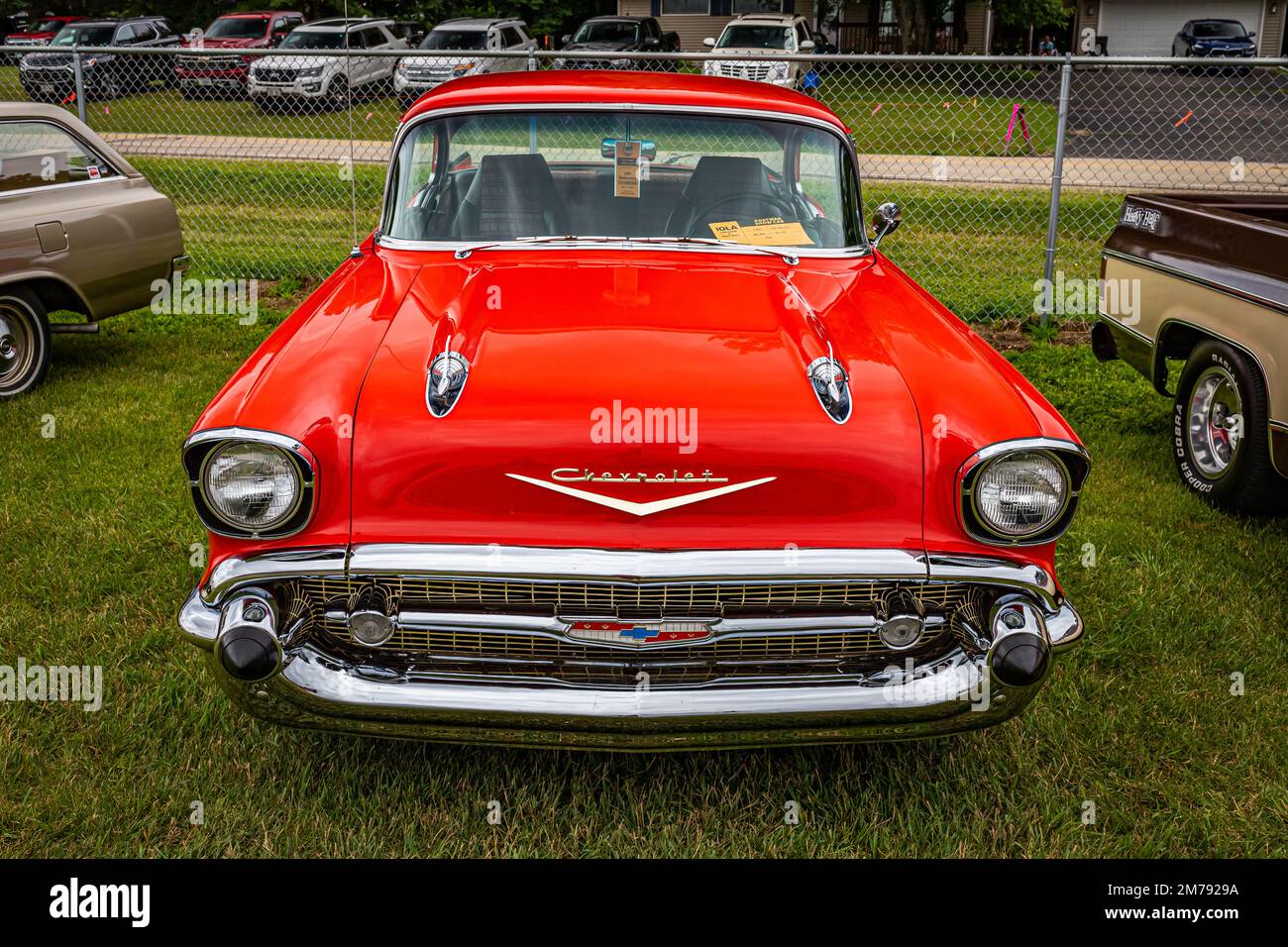 Iola, WI - July 07, 2022: High perspective front view of a 1957 Chevrolet BelAir 2 Door Hardtop at a local car show. Stock Photo