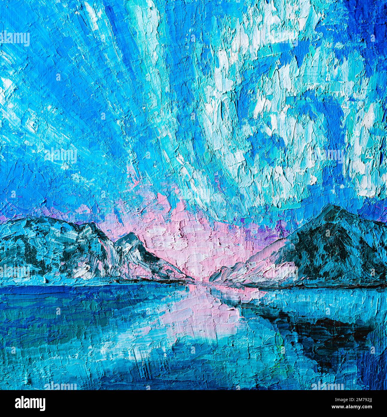 Northern Lights in Norway, oil painting. Stock Photo