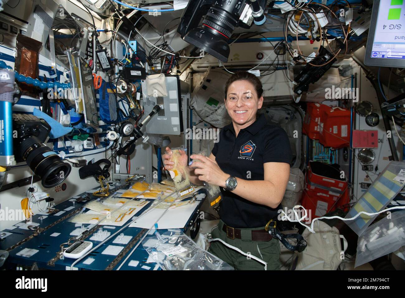 International Space Station, EARTH ORBIT. 03 January, 2023. NASA Expedition 68 NASA Flight Engineer, Nicole Mann, works in the Harmony module onboard the International Space Station, January 1, 2023 in Earth Orbit. Mann is working on the BioNutrients-2 investigation using genetically engineered microbes to provide nutrients, and potentially other compounds including pharmaceuticals, on demand in space. Stock Photo