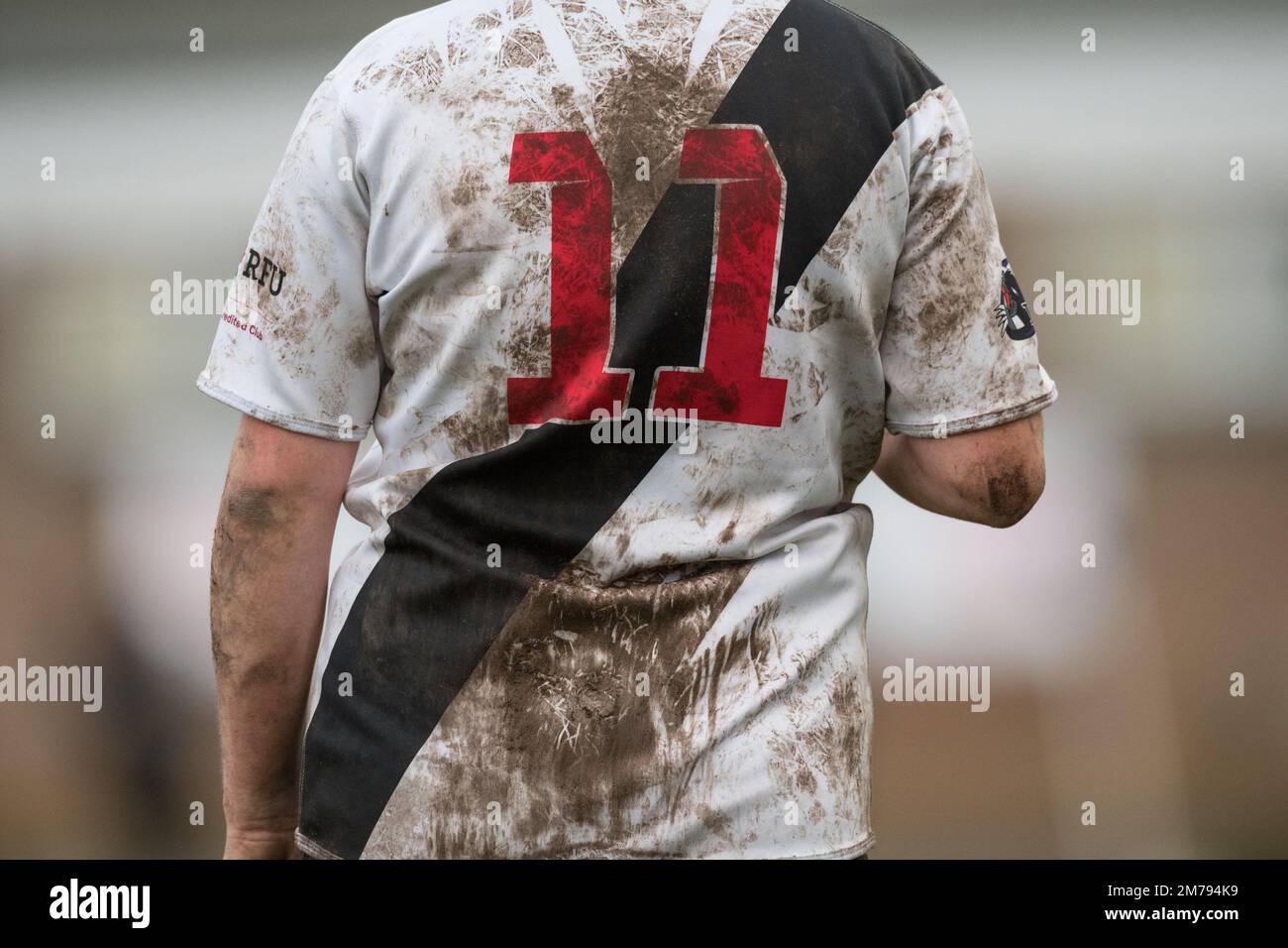 Mansfield, Nottinghamshire, England, UK. 8th Jan, 2023. Mansfield Women v Burton Ladies Amateur Rugby Union players carry on playing in driving rain, wet and muddy conditions as rain showers move across all parts of the UK. Credit: Alan Beastall/Alamy Live News Stock Photo