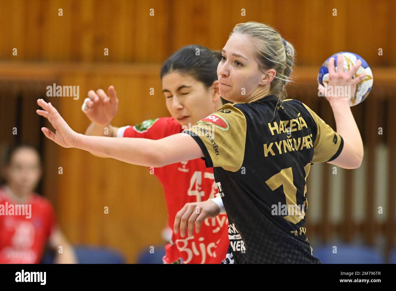 Cheb, Czech Republic. 08th Jan, 2023. From left Nayla De Andres Castillo of Gijon and Veronika Dvorakova of Kynzvart in action during the Women's handball European Cup initial round of group of 16 game: Kynzvart vs Gijon in Cheb, Czech Republic, January 8, 2023. Credit: Slavomir Kubes/CTK Photo/Alamy Live News Stock Photo