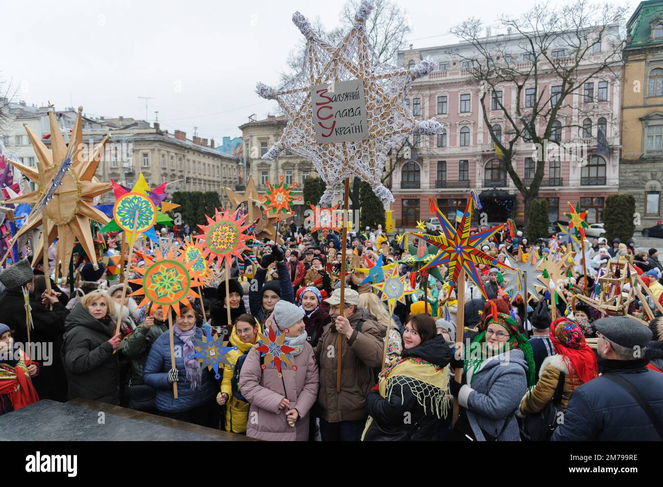 Lviv, Ukraine 8 january 2023. Participants hold Christmas stars during