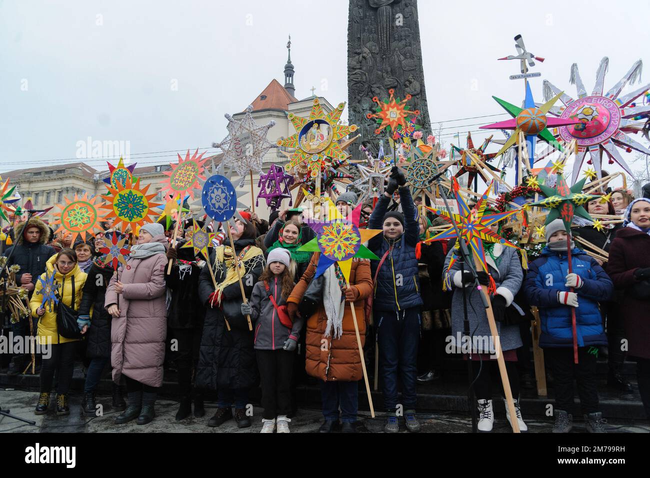 Lviv, Ukraine 8 january 2023. Participants hold Christmas stars during