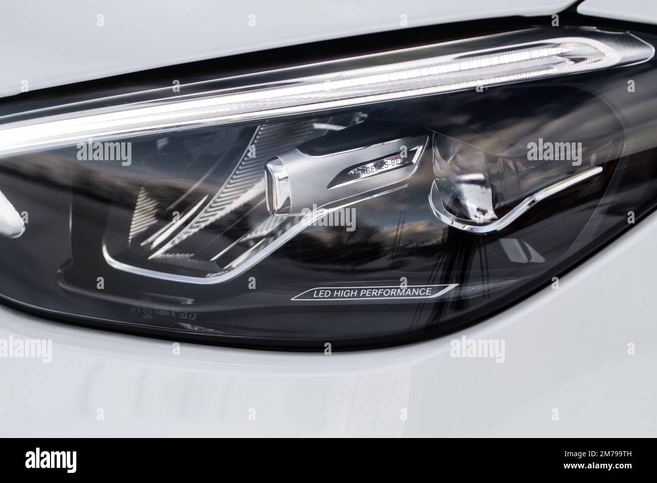 MOSCOW RUSSIA FEBRUARY 02 2022. Mercedes Benz headlight lamp