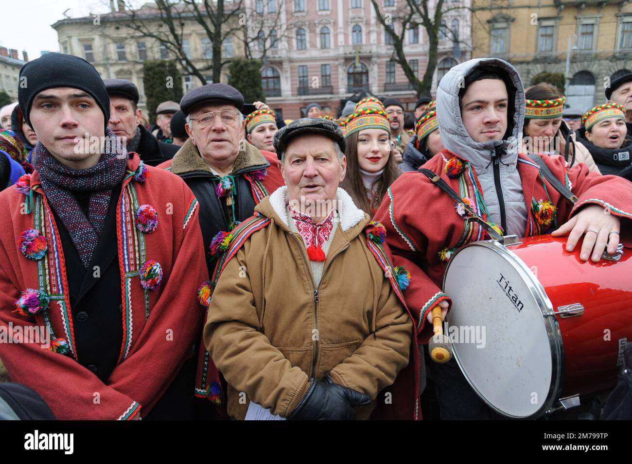Lviv, Ukraine 8 january 2023. Participants play during Folk folklore