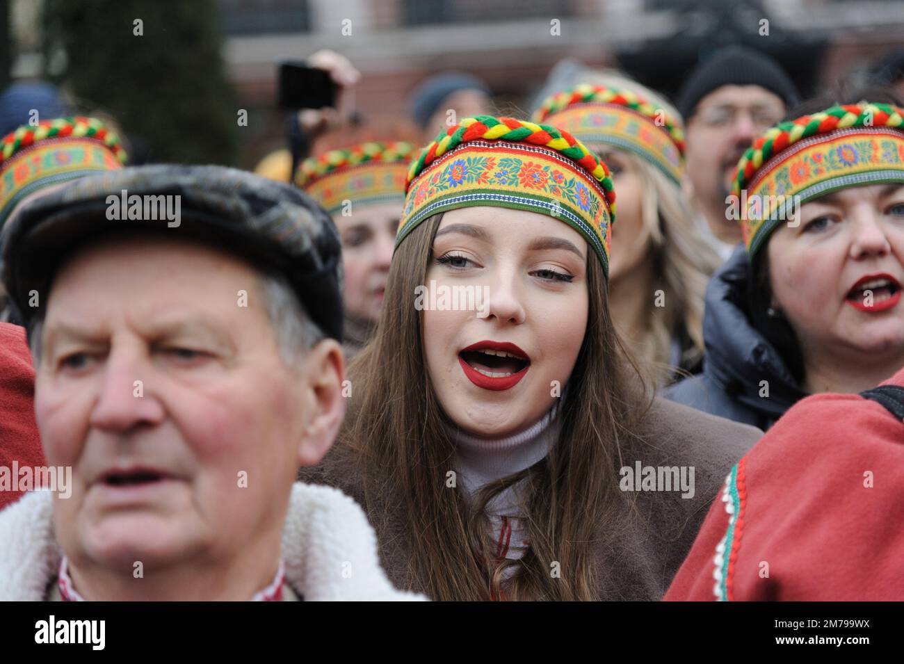 Lviv, Ukraine 8 january 2023. Ukrainian woman participant sing during