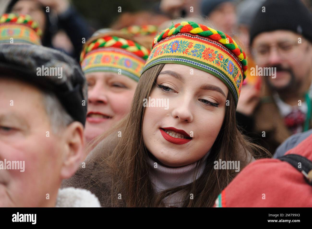 Lviv, Ukraine 8 january 2023. Ukrainian woman participant sing during