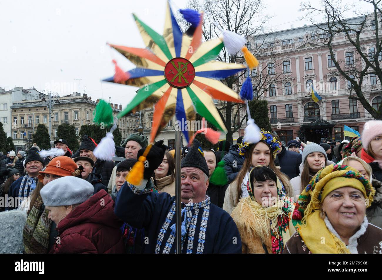 Lviv, Ukraine 8 january 2023. Participant with a star during folk