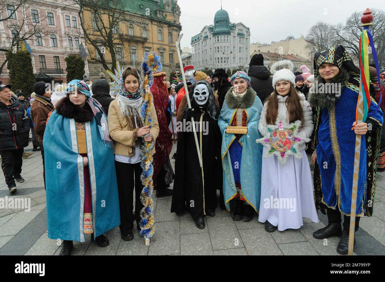 Lviv, Ukraine 8 january 2023. People dressed in costumes pose for a