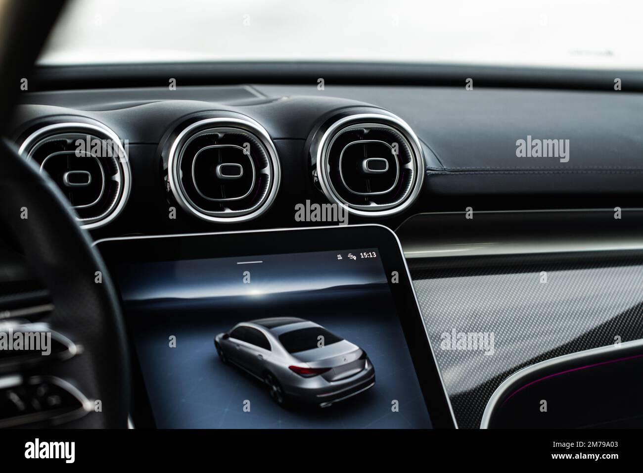 MOSCOW, RUSSIA - FEBRUARY 02, 2022. Mercedes-Benz C-Class 200 (W206), interior view.  Car air conditioning close up view. The air conditioner flow ins Stock Photo