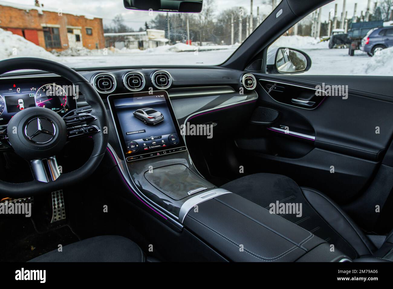 https://c8.alamy.com/comp/2M79A06/moscow-russia-february-02-2022-mercedes-benz-c-class-200-w206-interior-view-compact-luxury-sedan-car-central-console-of-the-new-mercedes-be-2M79A06.jpg