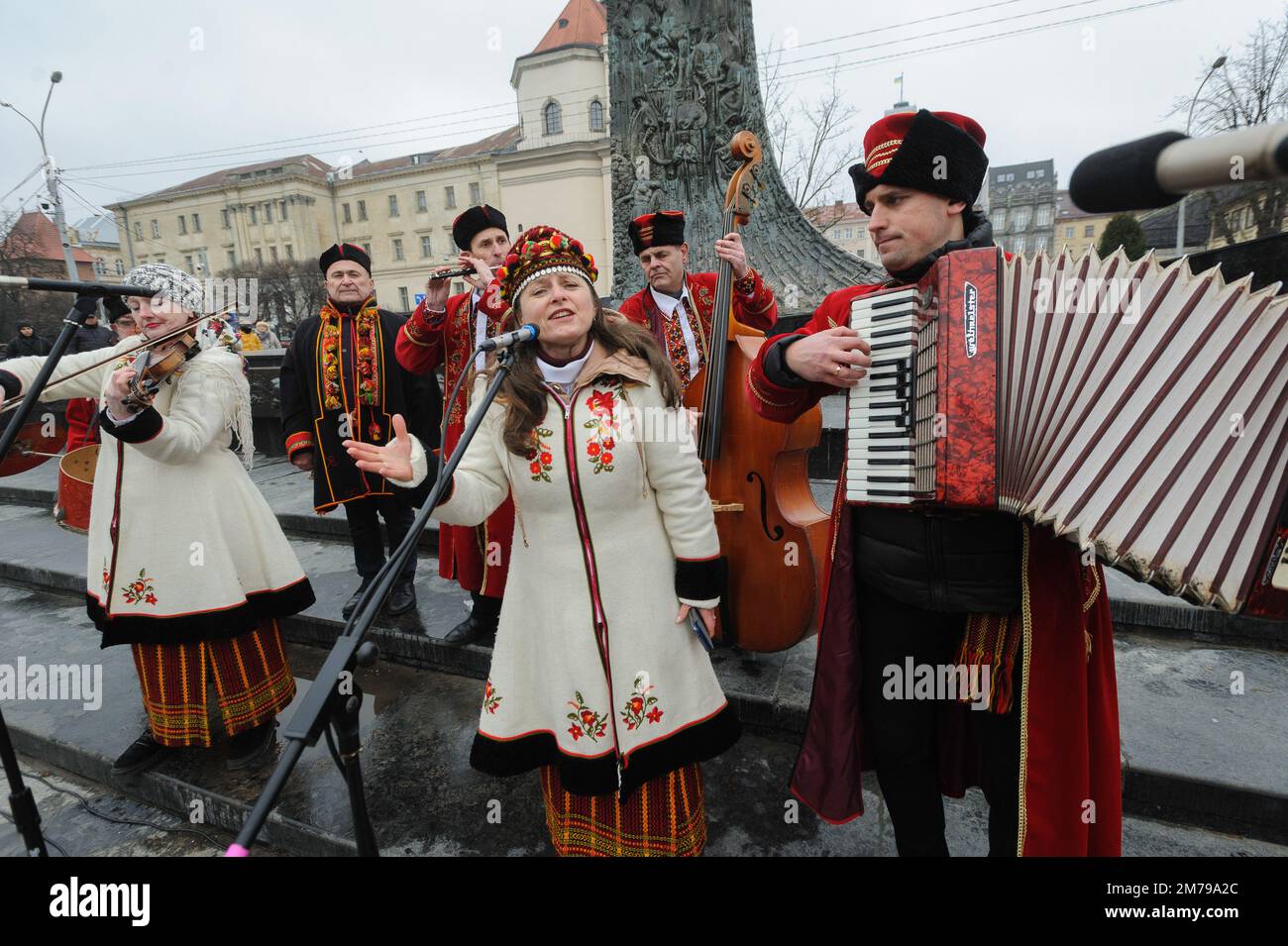 Lviv, Ukraine 8 january 2023. Participants play during Folk folklore