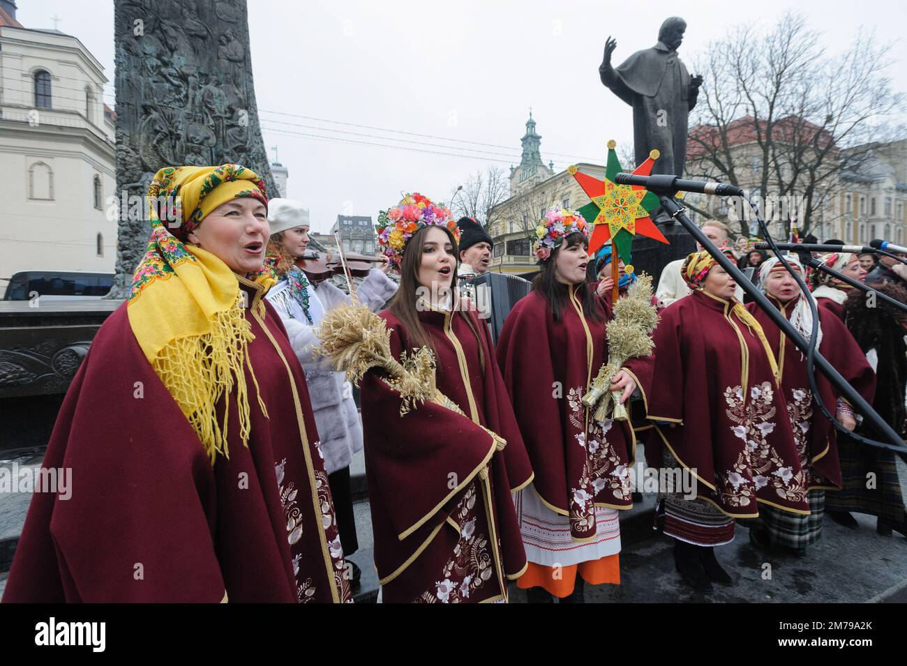 Lviv, Ukraine 8 january 2023. Participants play during Folk folklore