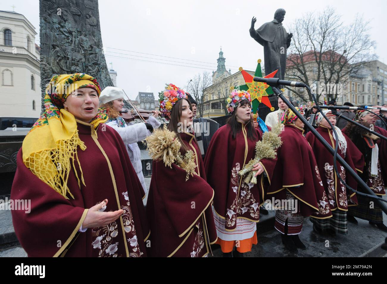 Lviv, Ukraine 8 january 2023. Participants play during Folk folklore