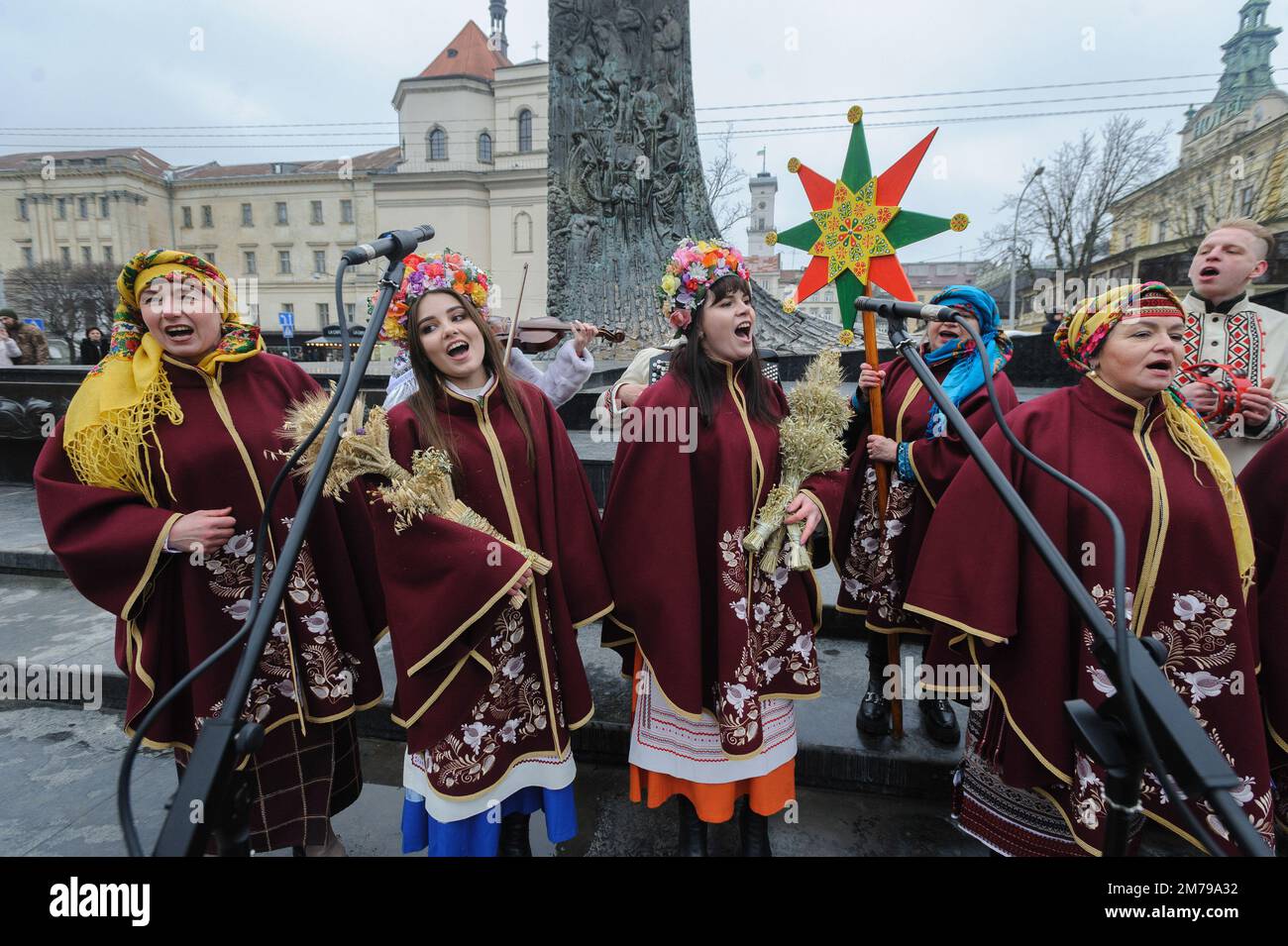 Lviv, Ukraine 8 january 2023. Participants play during Folk folklore
