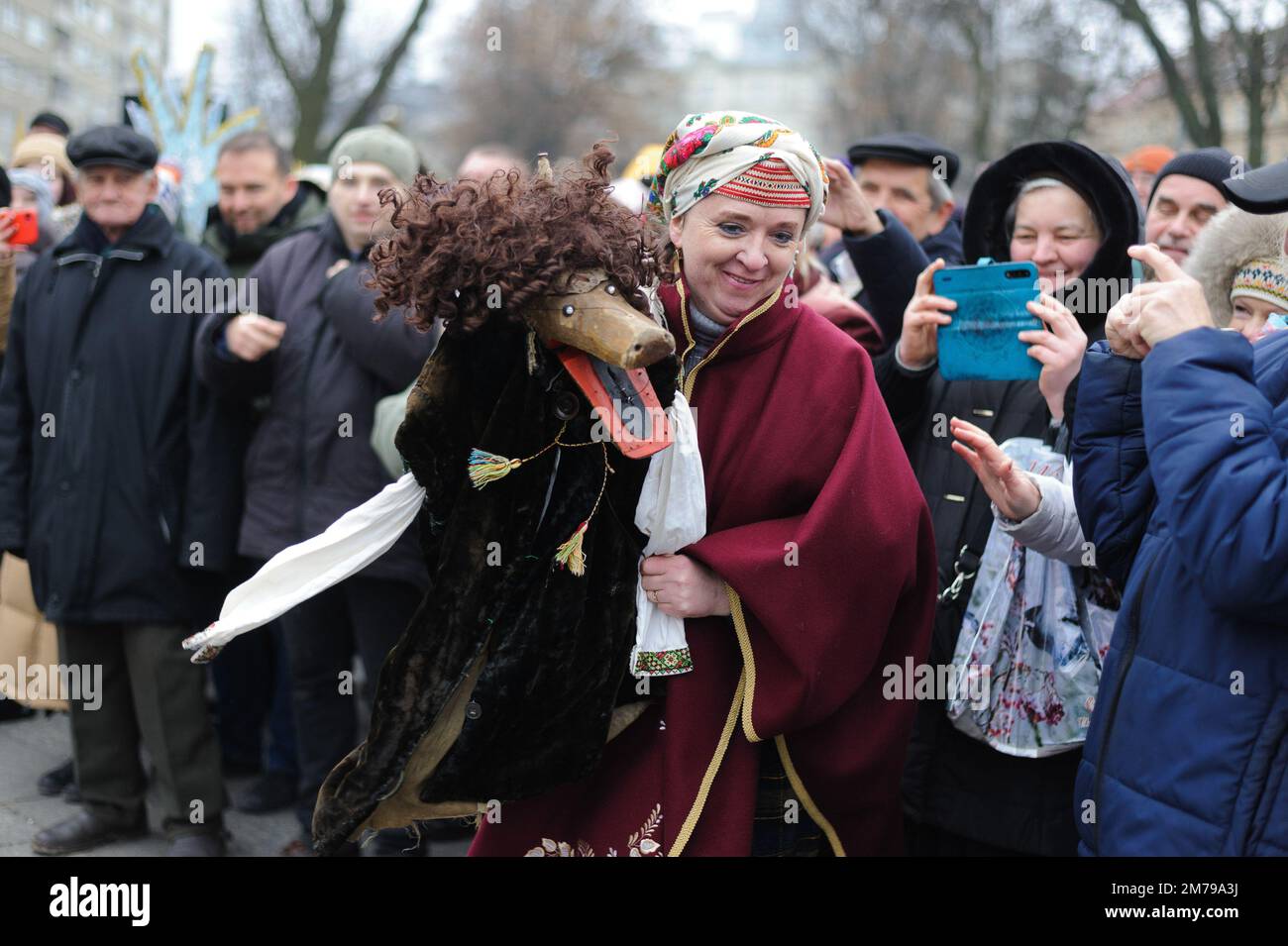 Lviv, Ukraine 8 january 2023. Participants play during Folk folklore