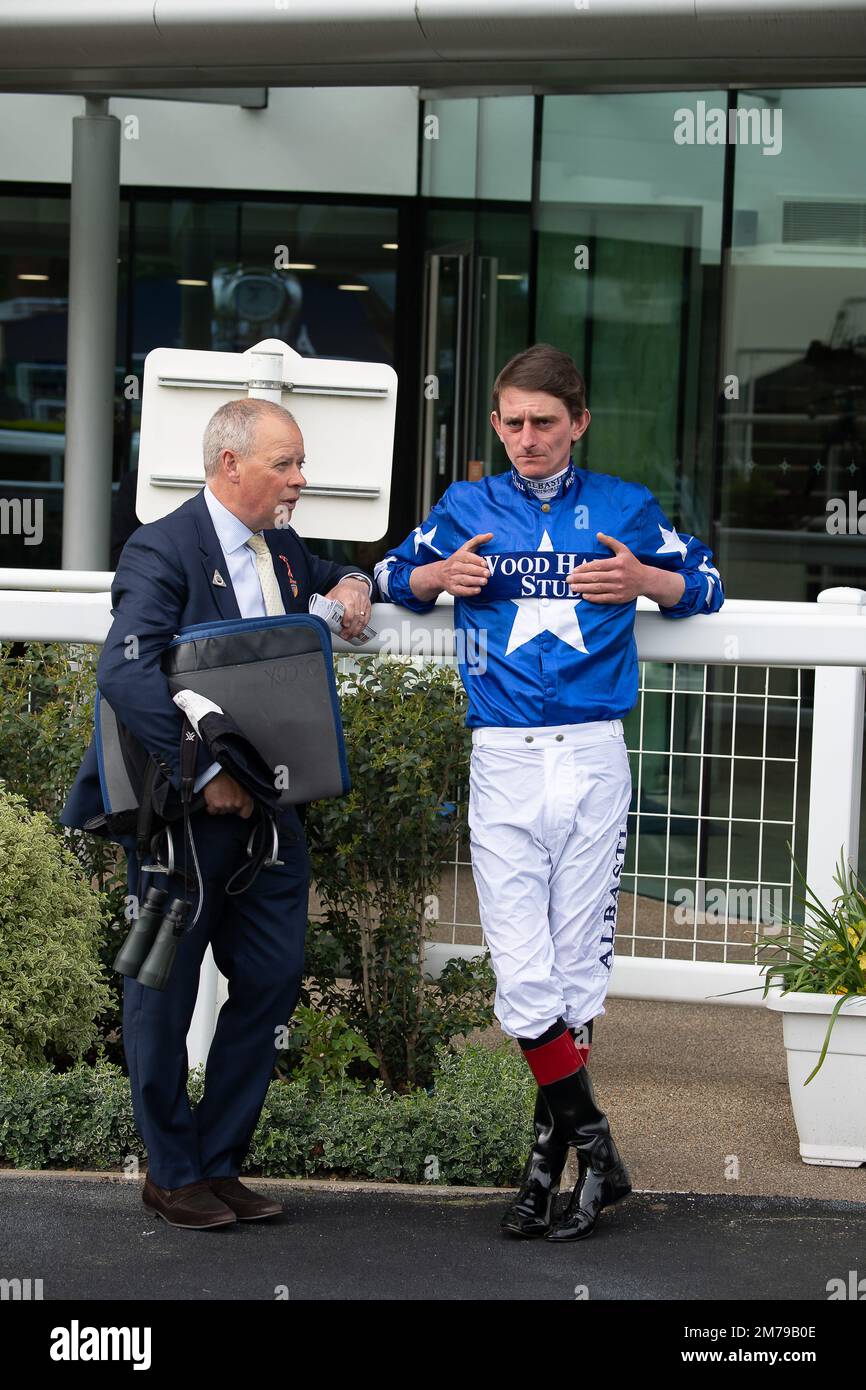 Ascot, Berkshire, UK. 6th May, 2022. Trainer Clive Cox talks to jockey