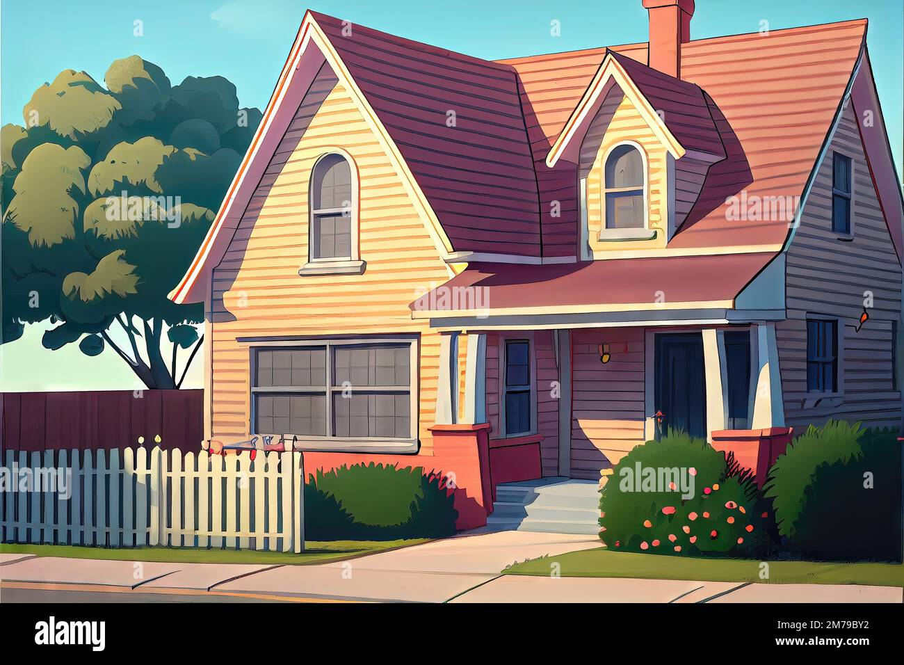 Illustration of a house in a suburban neighborhood in a modern animation  style by generative AI Stock Photo - Alamy